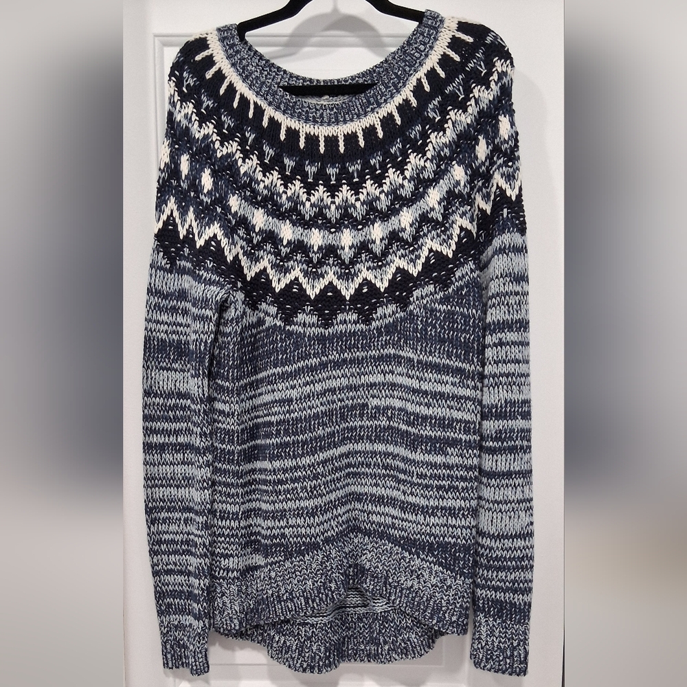 Bass Navy and White Patterned Crewneck Knit Sweater Size Large EUC
